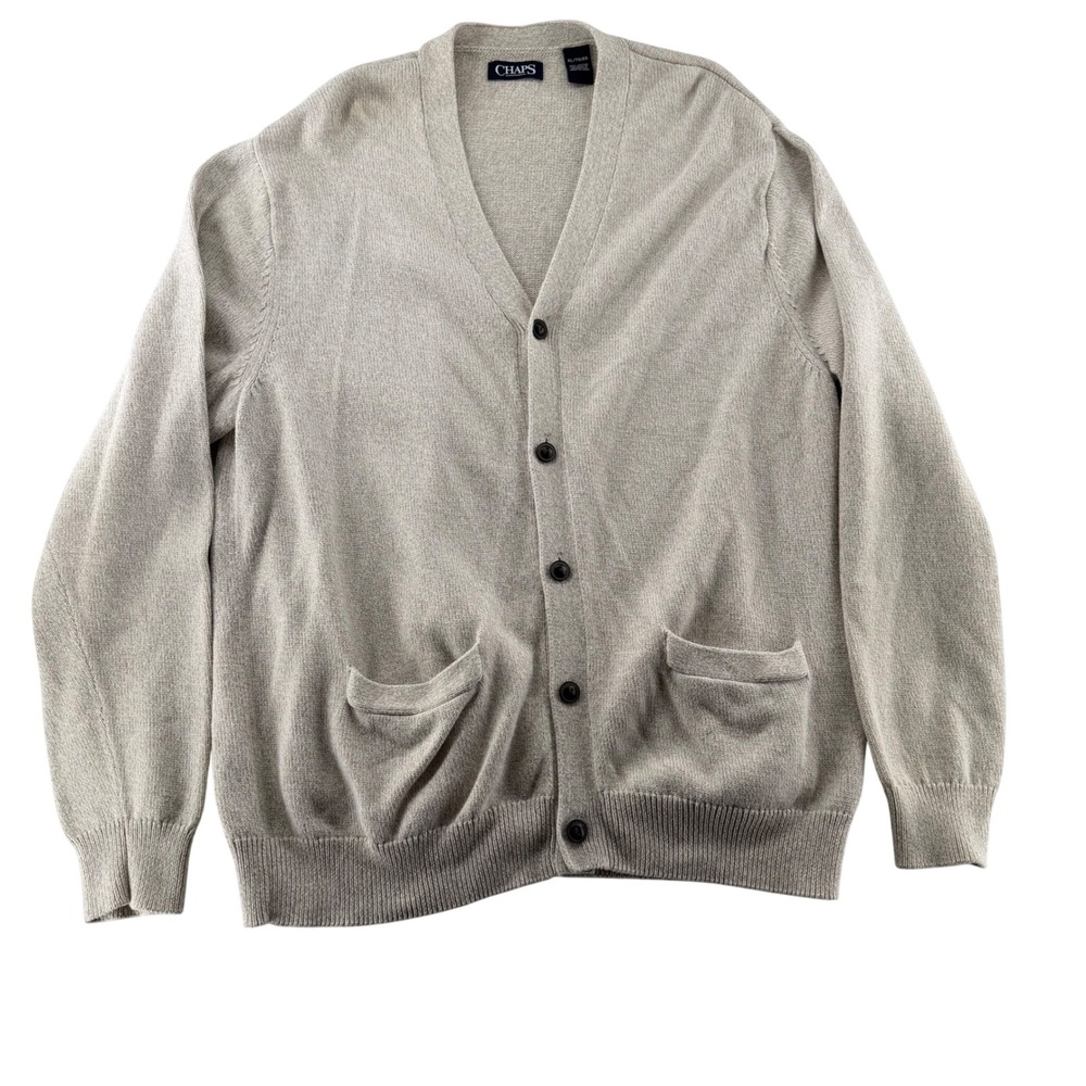 Chaps Cardigan Sweater Mens XLarge 100% Cotton Oatmeal Pockets Grunge Dad Core
